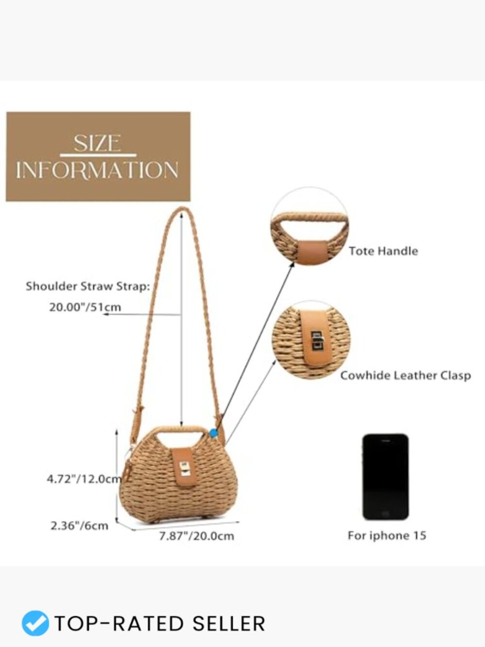 Woven Straw Tote Crossbody Bag Lightweight Handmade Summer Beach Clutch - Picture 5 of 7